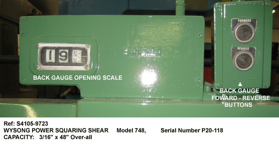 0.1875" (3/16") x 48" Wysong Power Squaring Shear, Model 748, Front Operated Power Back Gauge thru 36", 2-Sheet Supports, Serial Number P20-118 [S4105-972-4X]