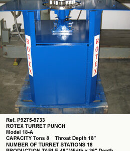 8 Tons, Rotex 18 Stations Turret Punch, Model 18A, Throat depth 18", Punch capacity 0.125"-2.0", Table size 24" x 48", Serial Number 17478 [P9275-9933]
