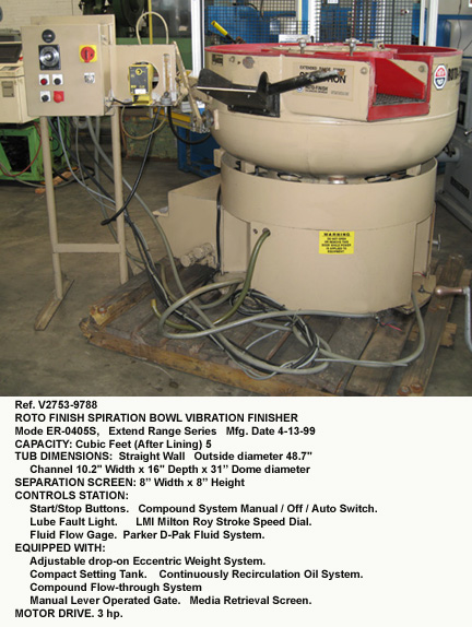 5 cubic feet, Roto Finish Spiratron Bowl Vibration Finisher, Model ER-0405S, Bowl diameter 48", Channel width 10.2", Extend Range Series, Serial Number ER-0405S-99-A11 [V2753-9788]