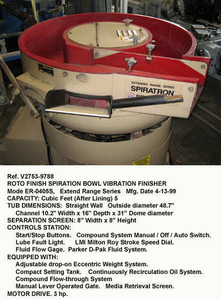 5 cubic feet, Roto Finish Spiratron Bowl Vibration Finisher, Model ER-0405S, Bowl diameter 48", Channel width 10.2", Extend Range Series, Serial Number ER-0405S-99-A11 [V2753-9788]