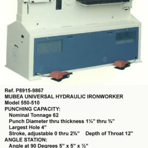 62 Tons, Mubea Ironworker, Model 550-510, Punch Diameter 1.250", Angle 5" x 5", Notcher, Rod Cutter, Shear, Serial Number 0171898404821 [P8915-9867]
