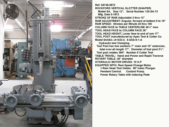 13" stroke, Rockford Vertical Slotter, Size 12", Model SA, Rotary Table 28" diameter with hand & power index, Ram speed 25 thru 100 spm, Ram angle thru 10 degrees, Serial Number 120-SA-73 [S5748-9872]