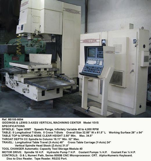 Giddings & Lewis 3-Axis Vertical Machining Center, (VMC), Model 10VS, Bed 26" x 54", X-48", Y-24", Z-31.5", Variable Spindle Speeds 30-4,000 rpm, 40 ATC, 50 MT, Control AB8000C, 15 hp, Serial Number 914-74-91 [M0185-9894]