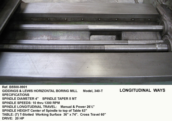 4" Giddings & Lewis Horizontal Boring Mill, Model 340-T, Vertical Height 63", Table 36" x 74" Cross Travel 60", Longitudinal Travel 53.5", Spindle Speeds 60-1300 rpm, 20 hp, Serial Number 7284, Table Type, [B5500-9901]