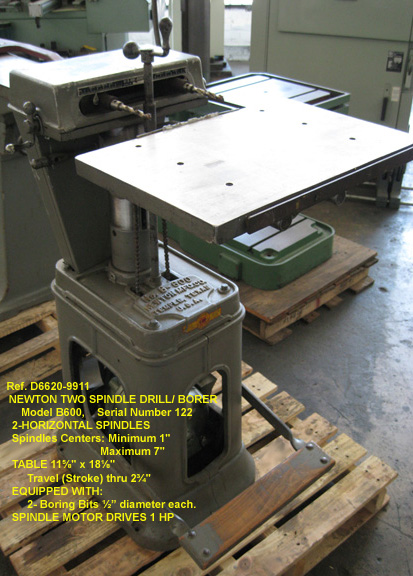 Newton 2-Spindle Horizontal Boring Machiner-Borer, Model B600, Drill Centers Adjust 1" thru 7", Blade Adjust 4" Down to cc spindle, 1 hp, Table 11.625" x 18.125", Serial Number 122 [D4904-9911]