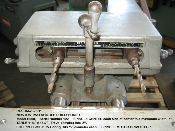 Newton 2-Spindle Horizontal Boring Machiner-Borer, Model B600, Drill Centers Adjust 1" thru 7", Blade Adjust 4" Down to cc spindle, 1 hp, Table 11.625" x 18.125", Serial Number 122 [D4904-9911]