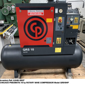 40 CFM CHICAGO PNEUMATIC ROTARY SCREW AIR COMPRESSOR, 10HP, Model QRS10HP, Air delivery 37 cfm @ 125 psi, mounted on 62, with Refigerator Air Dryer, Mfg 2013