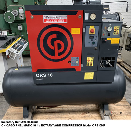 40 CFM CHICAGO PNEUMATIC ROTARY SCREW AIR COMPRESSOR, 10HP, Model QRS10HP, Air delivery 37 cfm @ 125 psi, mounted on 62, with Refigerator Air Dryer, Mfg 2013