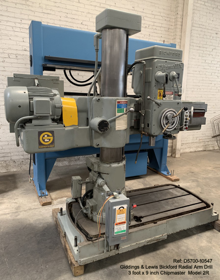 3 ft x 9 in Giddings & Lewis Bickford 2R Chipmaster Radial Arm Drill, Speed 60-1200 rpm, 4mt, Ht under Spindle 54 in, Tap, Power Elev, Sn 951-00386, F, 10547-1