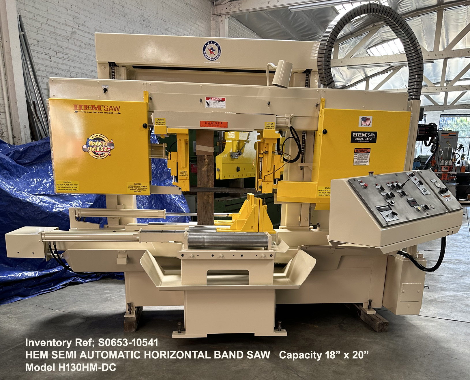 Hem H130HM-DC Horizontal Band Saw Capacity 18 inch height x 20 inch width, Blade Speeds 72 thru 400 fpm, Hydraulic Down Feed, Vise, & Blade Tension, Drive 10-hp, Blade Width-1.5 inch, Augar, Serial Number 52419, Front, Ref 10541-1
