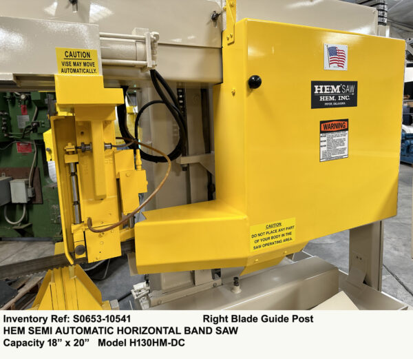 Hem H130HM-DC Horizontal Band Saw Capacity 18 inch height x 20 inch width, Blade Speeds 72 thru 400 fpm, Hydraulic Down Feed, Vise, & Blade Tension, Drive 10-hp, Blade Width-1.5 inch, Augar, Serial Number 52419, Right Blade Guide Post & Blade Wheel Guard Ref 10541-11