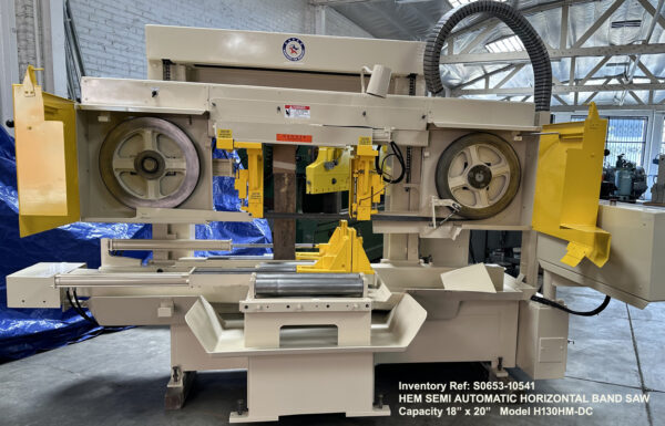 Hem H130HM-DC Horizontal Band Saw Capacity 18 inch height x 20 inch width, Blade Speeds 72 thru 400 fpm, Hydraulic Down Feed, Vise, & Blade Tension, Drive 10-hp, Blade Width-1.5 inch, Augar, Serial Number 52419, Band Wheel Guards Doors Open, Ref 10541-2