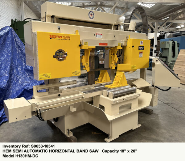 Hem H130HM-DC Horizontal Band Saw Capacity 18 inch height x 20 inch width, Blade Speeds 72 thru 400 fpm, Hydraulic Down Feed, Vise, & Blade Tension, Drive 10-hp, Blade Width-1.5 inch, Augar, Serial Number 52419, LS-F, Ref 10541-3