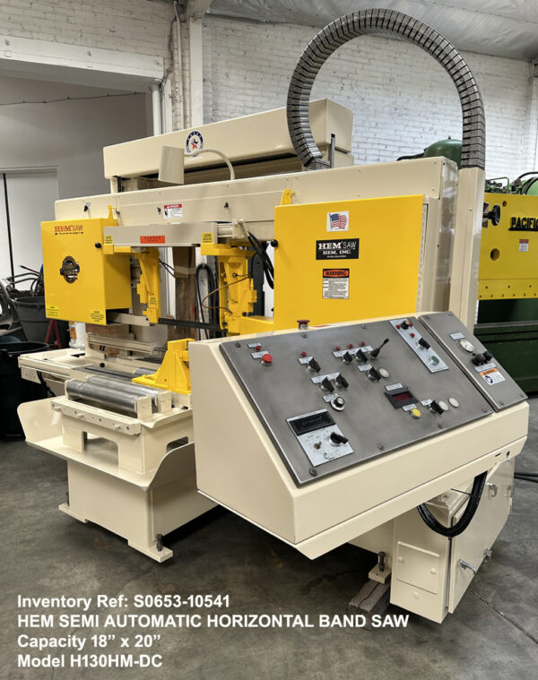 Hem H130HM-DC Horizontal Band Saw Capacity 18 inch height x 20 inch width, Blade Speeds 72 thru 400 fpm, Hydraulic Down Feed, Vise, & Blade Tension, Drive 10-hp, Blade Width-1.5 inch, Augar, Serial Number 52419, Operator Control Station, Ref 10541-4