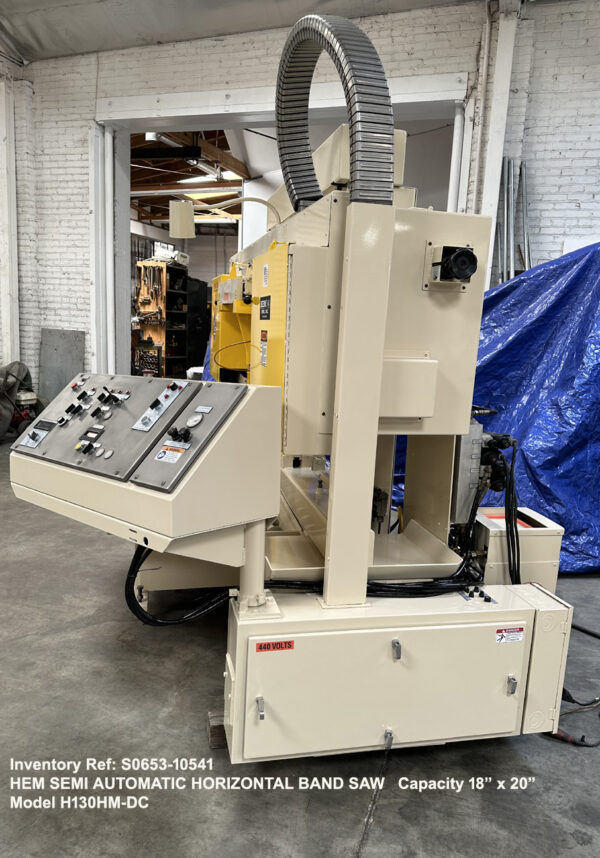 Hem H130HM-DC Horizontal Band Saw Capacity 18 inch height x 20 inch width, Blade Speeds 72 thru 400 fpm, Hydraulic Down Feed, Vise, & Blade Tension, Drive 10-hp, Blade Width-1.5 inch, Augar, Serial Number 52419, Right End, Ref 10541-6