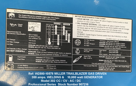 miller-trailblazer-model-302-cc-cv-ac-dc-300-amp.-welder-10000-watt-generator-professional-series-stock-90786-Serial-LE4240-Kohler-CH20-Maintenance-Functions., W2580-10578-20