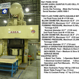 avure quintus fluid cell forming, cavity die forming press,QRL-63, 2-blank diamters 42.9 inch & 26.9 inch 2-forming pessures 9100 psi & 23200 psi, draw depth 12.3 inch, tooling suttle table, Serial Number l4689.1000-1, F-R, Inventory Reference P5206-10130-1