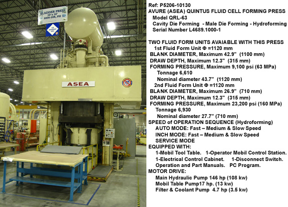 avure quintus fluid cell forming, cavity die forming press,QRL-63, 2-blank diamters 42.9 inch & 26.9 inch 2-forming pessures 9100 psi & 23200 psi, draw depth 12.3 inch, tooling suttle table, Serial Number l4689.1000-1, F-R, Inventory Reference P5206-10130-1
