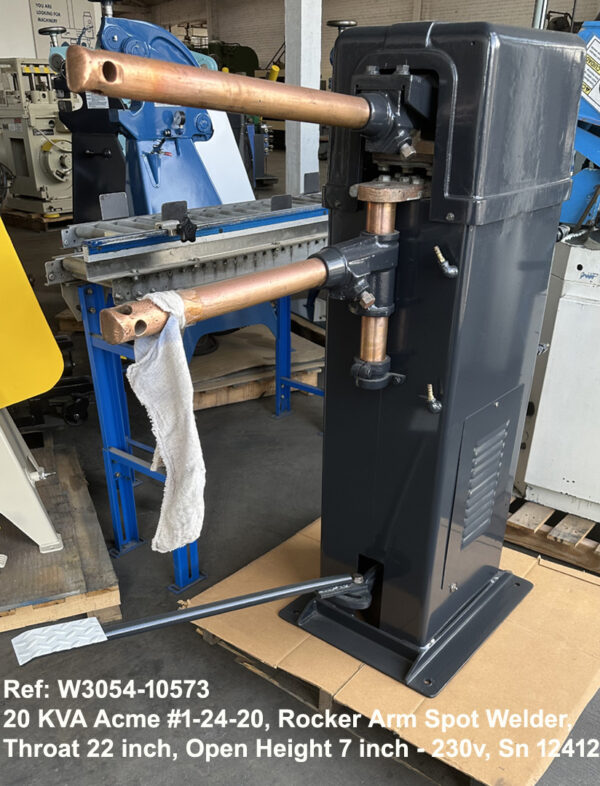 20 KVA Acme model 1-24-20 Spot Welder,Rocker Arm, Throat 24 inch, Gap 5 inch - 230 volts Sn 12412, Front sligh view to Right Side, Ref 10573-3