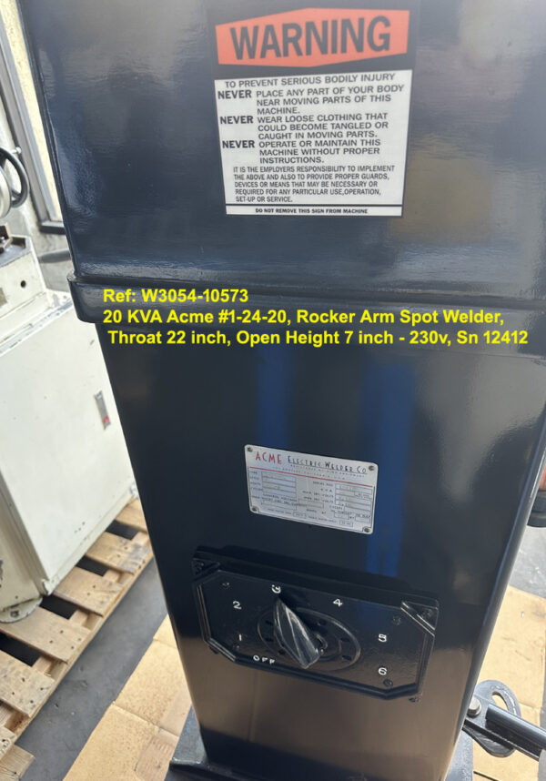 20 KVA Acme model 1-24-20 Spot Welder,Rocker Arm, Throat 24 inch, Gap 5 inch - 230 volts Sn 12412, Contol on Right Side, Ref 10573-5