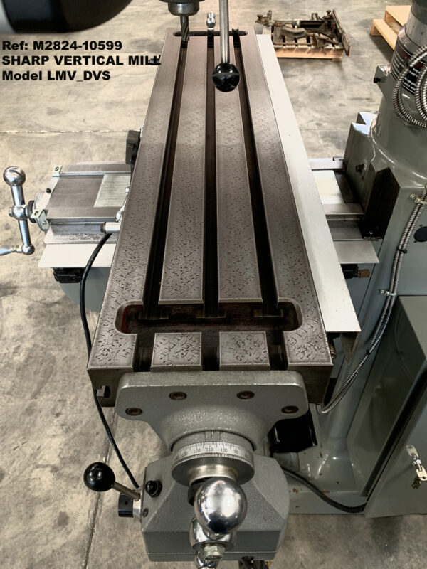 sharp-LMV-DVS-vertical-milling-machine-power-feed-9-in-x-42-in-table-vari-speed-60-4500-rpmDRO-power-draw-bar-3-hp-Serial-Hd-10927389-Knee-20327564-Dwn-Table-R-End Ref 10599-10