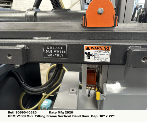 Hem-V100LM-3-Tilt-Frame-Vertical-Band-Saw18-inch-x-22-inch-Fame-tilts-45-deg-L-R-60-400-fpm-Serial-1318320-Date-mfg-2020-Rail-Warning- 10620-20