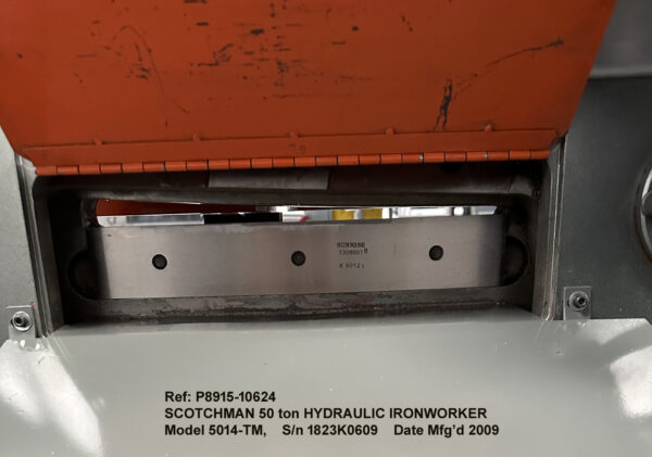 Scotchman 50-T, Hydraulic Ironworker, Model 5014-TM, Punch 1.25 inch thru 0.50 inch material, Shear14 inch, Notcher 2.5 inch x 3 inch x 0.3125 inch, Angle 4 inch x 4 inch x 0.375 inch, Serial1823K0609,, CU Shearing Outfeed Station, ref 10624-9