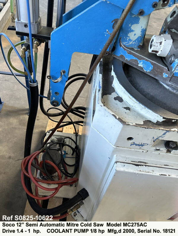 Best used 12" Soco Model MC275AC Semi Automatic Mitre Cold Saw Capacity up to 4 inch round Drive 1.4 hp - 1 hp two Blade Speeds, Date Mfg 2000, Serial Number18121, Inventory Reference S0825-10622-8 Coolant Pump