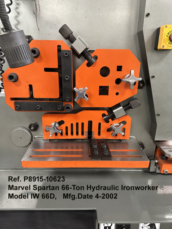 Marvel Spartan 66-Ton Hydraulic Ironworker Model IW-66D, Angle 5 in x 5 in x 0.50 in, Shear 0.4625 in x14 in, Notcher 2 in x 3.5 in-x 3-8 in, Mfg Date 4-02-Serial IW66D-165-Infeed angle-rod-cop end Ref 10623-3