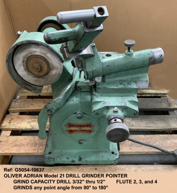Oliver Adrian Model 21 Drill Grinder Pointer Grinding capacity drill 3/32" thru 1/2" - Flute 2 3 and 4 and Grinds any point angle from 90° to 180°, Serial Number H-1953, Inventory Reference G5054-10637-1 Front view