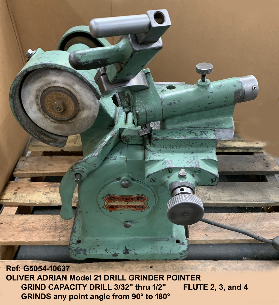 Oliver Adrian Model 21 Drill Grinder Pointer Grinding capacity drill 3/32" thru 1/2" - Flute 2 3 and 4 and Grinds any point angle from 90° to 180°, Serial Number H-1953, Inventory Reference G5054-10637-1 Front view