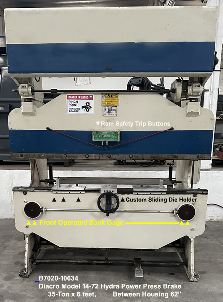 35 Tons x 6 foot DiAcro model 14-72 Hydra Power Press Brake with Distance Between Uprights 62", Ram Stroke 2" - Shut Height 9" - Flush Floor Mount, Serial Number 66000575155, Inventory Reference B7020-10634-1, Front view