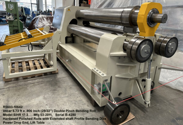 Imcar 6.73 ft x 7/8"+ .906 inch 29-32 inch Model SIHR 17-3 Double Pinch Plate Bending Roll with Power Drop End - Hardened and Polished Rolls with Extended shafts for Profile Bending Dies - Mfg 03-2011 - EXCELLENT LIKE NEW, Serial Number B-4280, Inventory Reference Ref: R5603-10642-3, Right sid to Drop End - Pofile Rolls