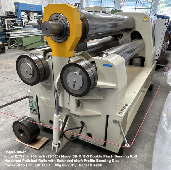Imcar 6.73 ft x 7/8"+ .906 inch 29-32 inch Model SIHR 17-3 Double Pinch Plate Bending Roll with Power Drop End - Hardened and Polished Rolls with Extended shafts for Profile Bending Dies - Mfg 03-2011 - EXCELLENT LIKE NEW, Serial Number B-4280, Inventory Reference Ref: R5603-10642-5, Drop End - Pofile Rolls at Rear