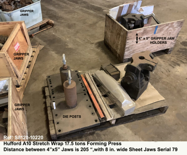 Hufford A-10 Stretch Wrap Forming Press Distance between 4" x 5" jaws 205" - 17.5 tons - Tension Cylinder Stroke18½", Simultaneous Arms Movement, Serial Number 79, Inventory reference S8120-10220-10 Die Posts and Tooling