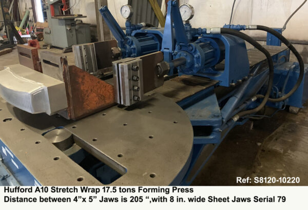 Hufford A-10 Stretch Wrap Forming Press Distance between 4" x 5" jaws 205" - 17.5 tons - Tension Cylinder Stroke18½", Simultaneous Arms Movement, Serial Number 79, Inventory reference S8120-10220-5 Close-up Sheet Jaws