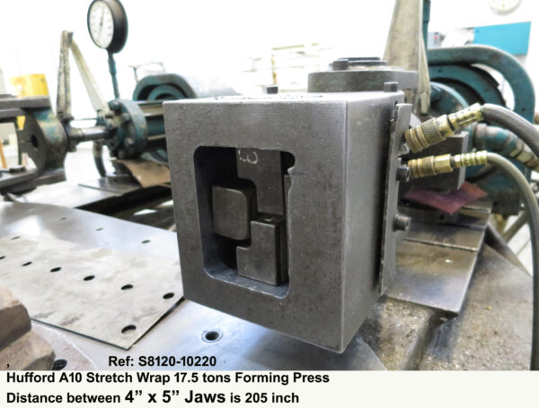 Hufford A-10 Stretch Wrap Forming Press Distance between 4" x 5" jaws 205" - 17.5 tons - Tension Cylinder Stroke18½", Simultaneous Arms Movement, Serial Number 79, Inventory reference S8120-10220-7 Close-up 4 inch x 5 inch Gripper Jaws