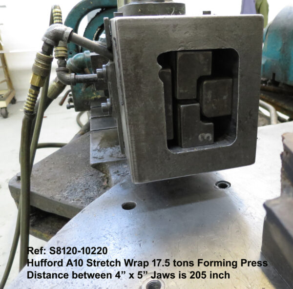 Hufford A-10 Stretch Wrap Forming Press Distance between 4" x 5" jaws 205" - 17.5 tons - Tension Cylinder Stroke18½", Simultaneous Arms Movement, Serial Number 79, Inventory reference S8120-10220-8 Close-up 4 inch x 5 inch Gripper Jaw