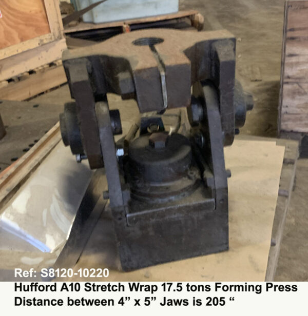 Hufford A-10 Stretch Wrap Forming Press Distance between 4" x 5" jaws 205" - 17.5 tons - Tension Cylinder Stroke18½", Simultaneous Arms Movement, Serial Number 79, Inventory reference S8120-10220-9 Close-up 4 inch x 5 inch Gripper Jaw Assembly