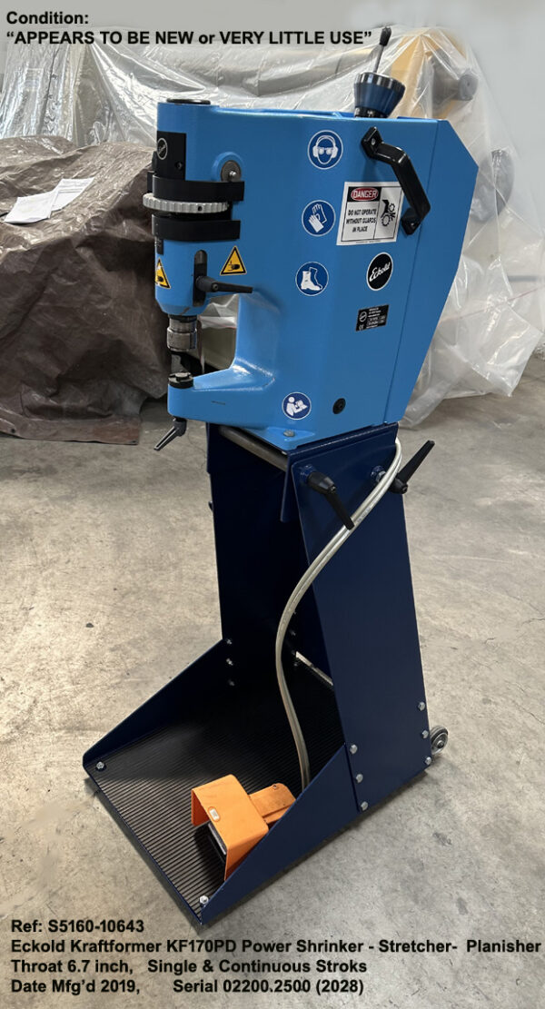 Best Eckold Kraftformer KF170PD Power Shrinking - Stretching - Planisher - Depth of Throat 6.7 inch with Single and Continuous Stroke, Adjustable Stroke Langth and Height, Date Mfg'd 2019 Like New or Very Little Use, Serial 02200.2500 (2028) Inventory Reference S5160-10643-2 Front to Right side view