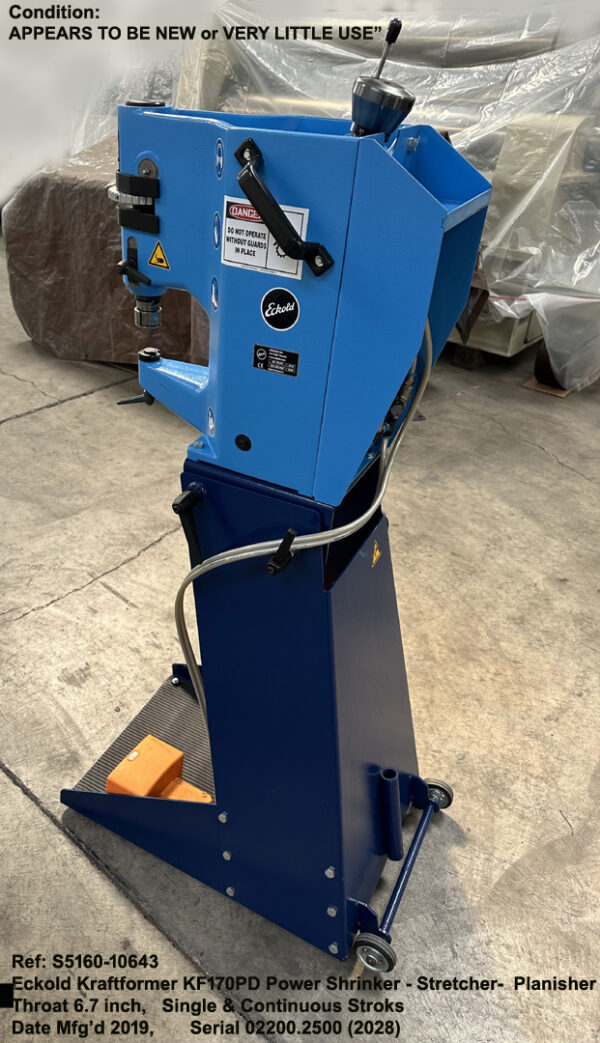 Best Eckold Kraftformer KF170PD Power Shrinking - Stretching - Planisher - Depth of Throat 6.7 inch with Single and Continuous Stroke, Adjustable Stroke Langth and Height, Date Mfg'd 2019 Like New or Very Little Use, Serial 02200.2500 (2028) Inventory Reference S5160-10643-3 Left side to Rear view