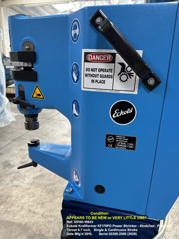 Best Eckold Kraftformer KF170PD Power Shrinking - Stretching - Planisher - Depth of Throat 6.7 inch with Single and Continuous Stroke, Adjustable Stroke Langth and Height, Date Mfg'd 2019 Like New or Very Little Use, Serial 02200.2500 (2028) Inventory Reference S5160-10643-7 Close-up Head at left side
