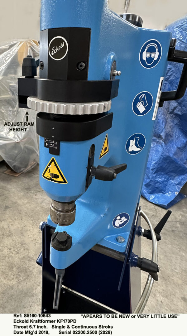 Best Eckold Kraftformer KF170PD Power Shrinking - Stretching - Planisher - Depth of Throat 6.7 inch with Single and Continuous Stroke, Adjustable Stroke Langth and Height, Date Mfg'd 2019 Like New or Very Little Use, Serial 02200.2500 (2028) Inventory Reference S5160-10643-8 Close-up Ram Height adjustment