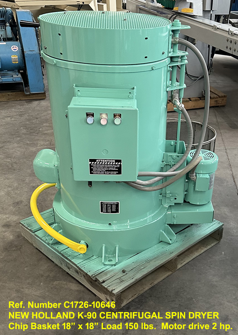 New Holland K-90 Centrifugal Spin Dryer Chip, Wringer, Basket size 18 inch x 18 inch, Load Capaciy 150 lbs, 2 hp, Matewrial Dryer, Serial 954159, Front. Ref 120646-1