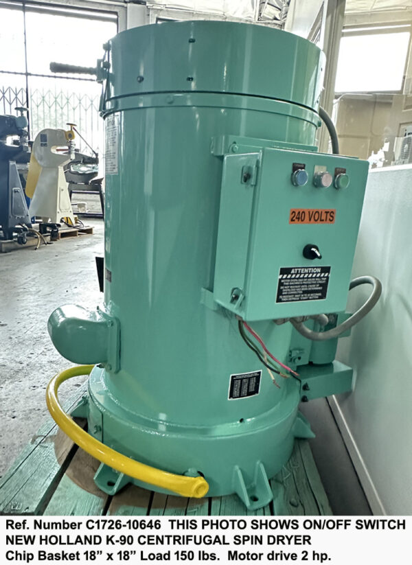 New Holland K-90 Centrifugal Spin Dryer - Chip Wringer, Basket size 18 inch x 18 inch, Load 150 lbs, 2 hp, Sn 954159, Ref 10646-1A, Front view with Heater On-Off Control & 220 volts