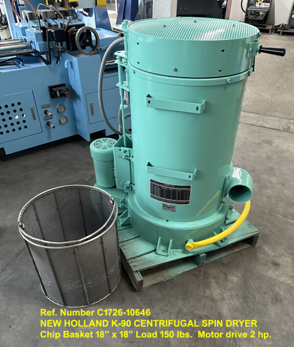 New Holland K-90 Centrifugal Spin Dryer Chip, Wringer, Basket size 18 inch x 18 inch, Load Capaciy 150 lbs, 2 hp, Matewrial Dryer, Serial 954159, Exhaust Port side view Ref 120646-3