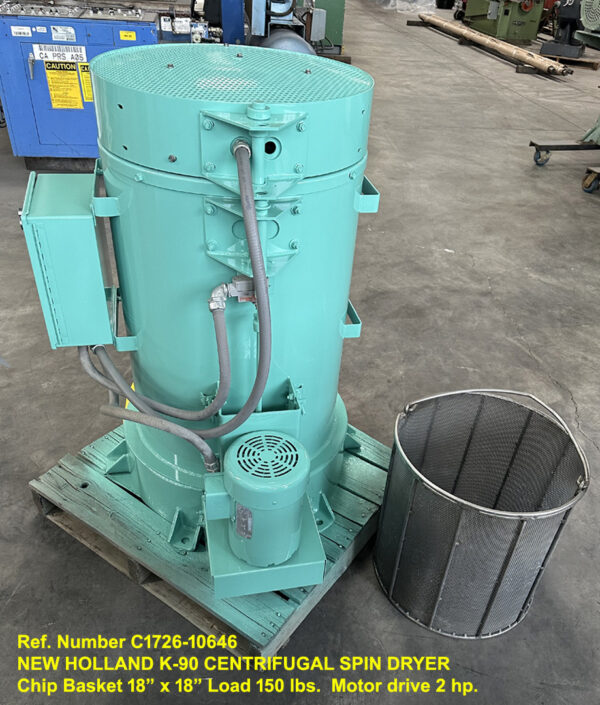 New Holland K-90 Centrifugal Spin Dryer Chip, Wringer, Basket size 18 inch x 18 inch, Load Capaciy 150 lbs, 2 hp, Matewrial Dryer, Serial 954159, Drive side view Ref 120646-4