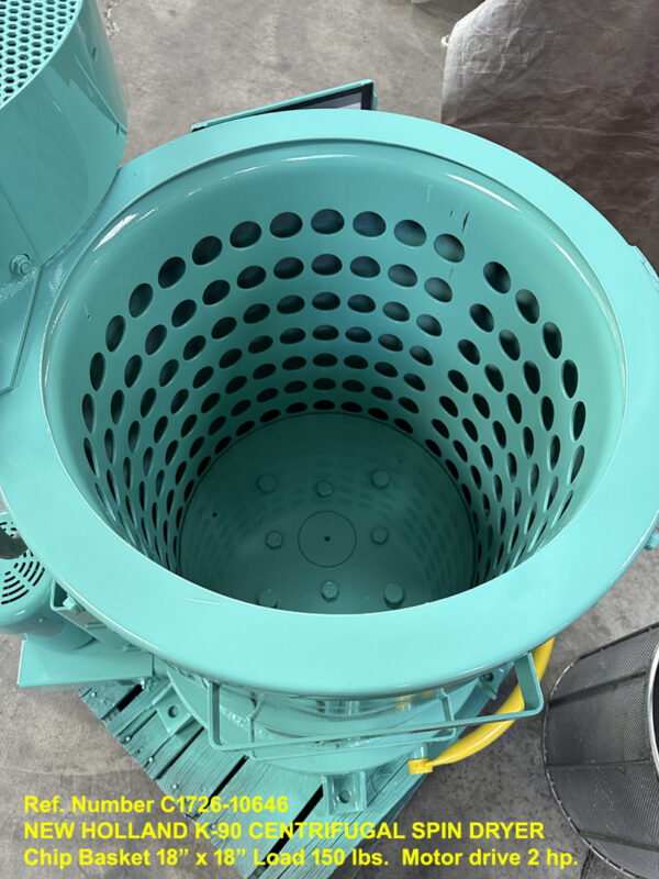New Holland K-90 Centrifugal Spin Dryer Chip, Wringer, Basket size 18 inch x 18 inch, Load Capaciy 150 lbs, 2 hp, Matewrial Dryer, Serial 954159, view inside spin chamber, Ref 120646-5