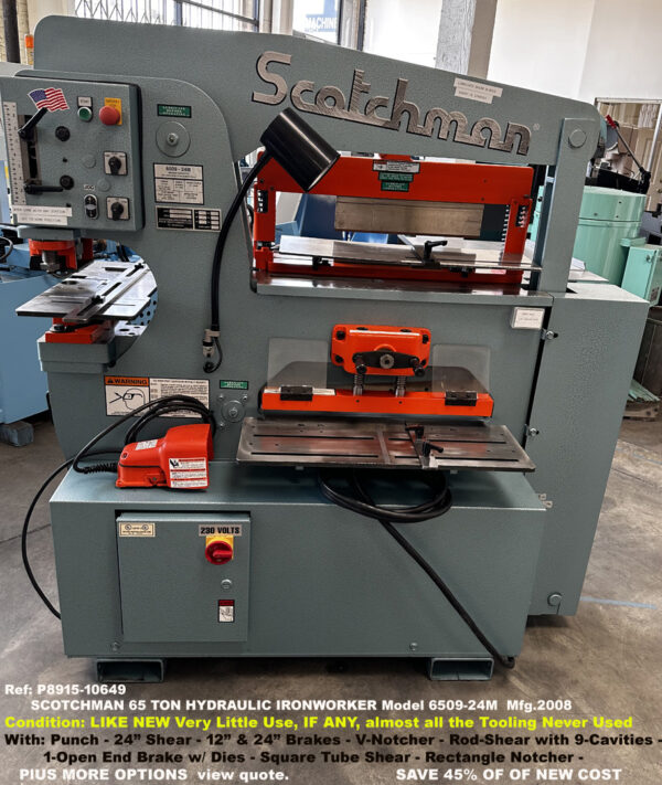 Scotchman 65T Hydraulic Ironworker Model 6509-24M with Shear 24", Angle Shear 6" x 6", Press Brake, Angle Brake Notcher, Rod Shear, plus much much more, Like New Very Little Use if Any, 10649-1, RIGHT SIDE