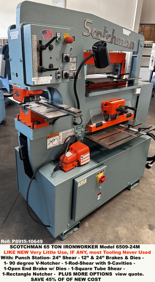 Scotchman 65T Hydraulic Ironworker Model 6509-24M with Shear 24", Angle Shear 6" x 6", Press Brake, Angle Brake Notcher, Rod Shear, plus much much more, Like New Very Little Use if Any, 10649-2, PUNCH END-LS